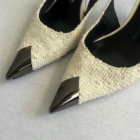 Saint Laurent Vesper Tweed Ivory Slingback Heels with Metal Cap Toe Size 37 - Picture 3 of 5